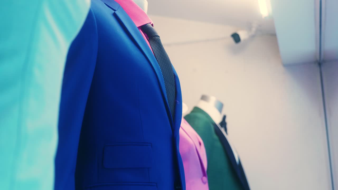 4K Cinematic fashion clothing footage of suits and ties in a tailor's shop
