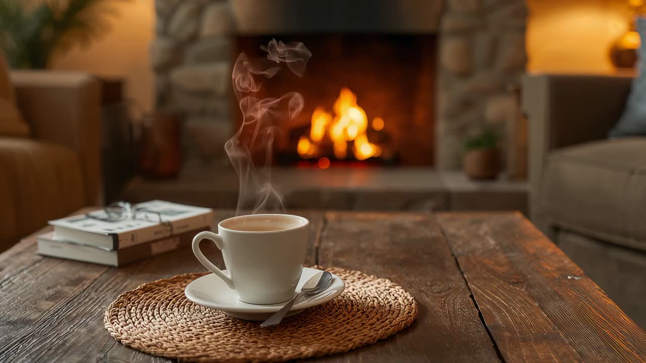 Steaming white cup sending steam from heat in cozy living room, fireplace flickering, evoking calm