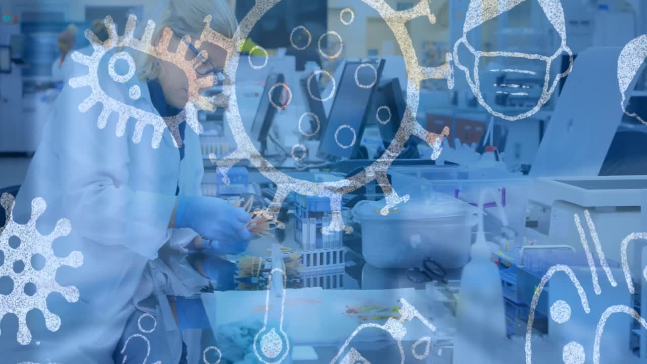 실험실에서 백인 여성 과학자 위에 바이러스 아이콘의 애니메이션