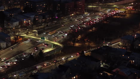 aerial view of a traffic jam in brooklyn at night.