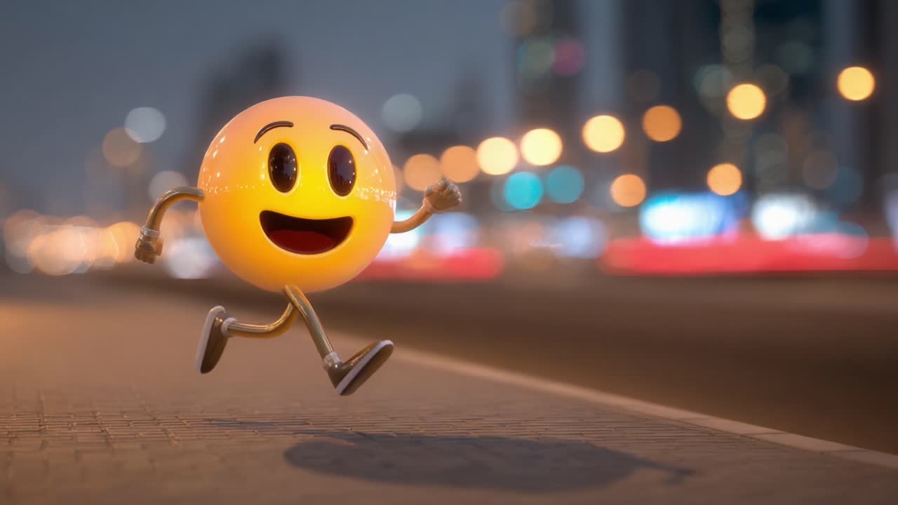 A cheerful animated smiley character joyfully running along a city street, illuminated by the vibrant nightlife and colorful bokeh lights in the background