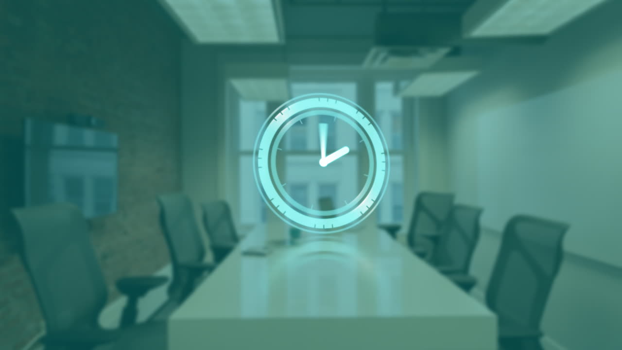 Digital clock animation over empty conference room with modern chairs and table