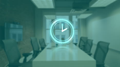 digital clock animation over empty conference room with modern chairs and table
