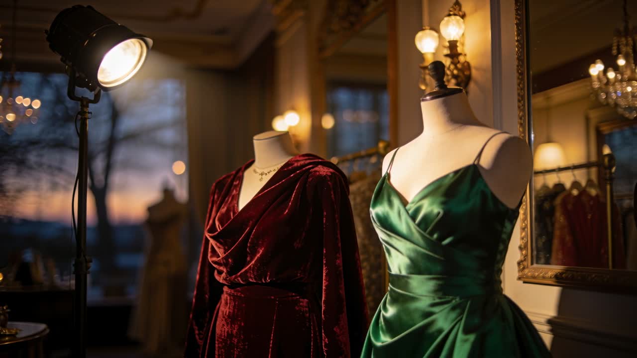 Il punto di vista si sposta, la telecamera si concentra su un abito di raso verde in una boutique, con un vestito bordeaux e una lampada.