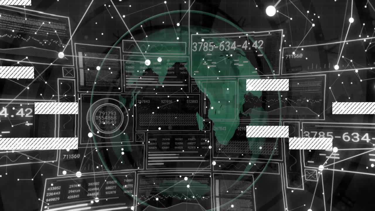 Animation of digital data processing on screens over globe