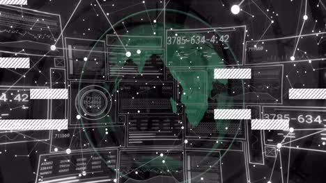animation of digital data processing on screens over globe