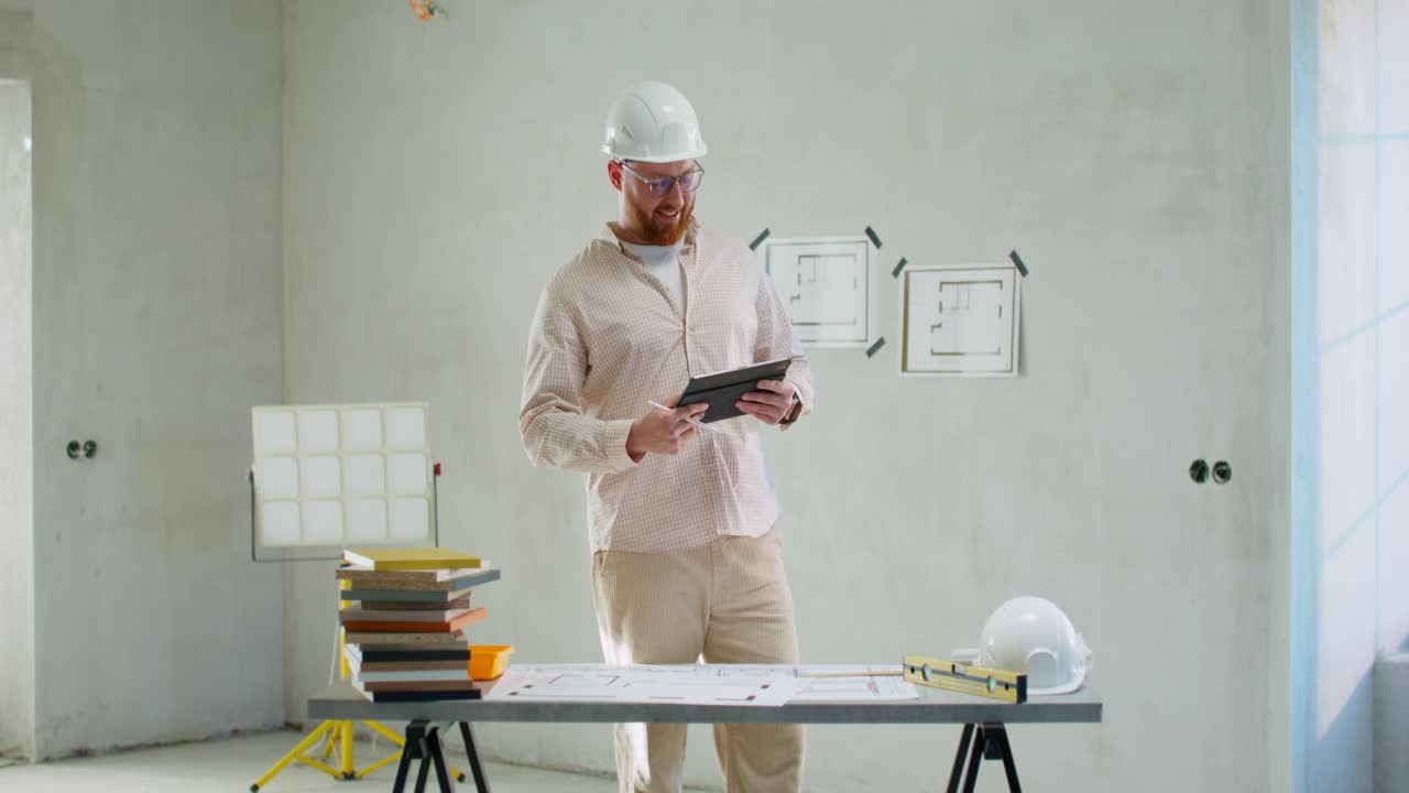 trabajador de la construcción revisando los planes del proyecto en la tableta