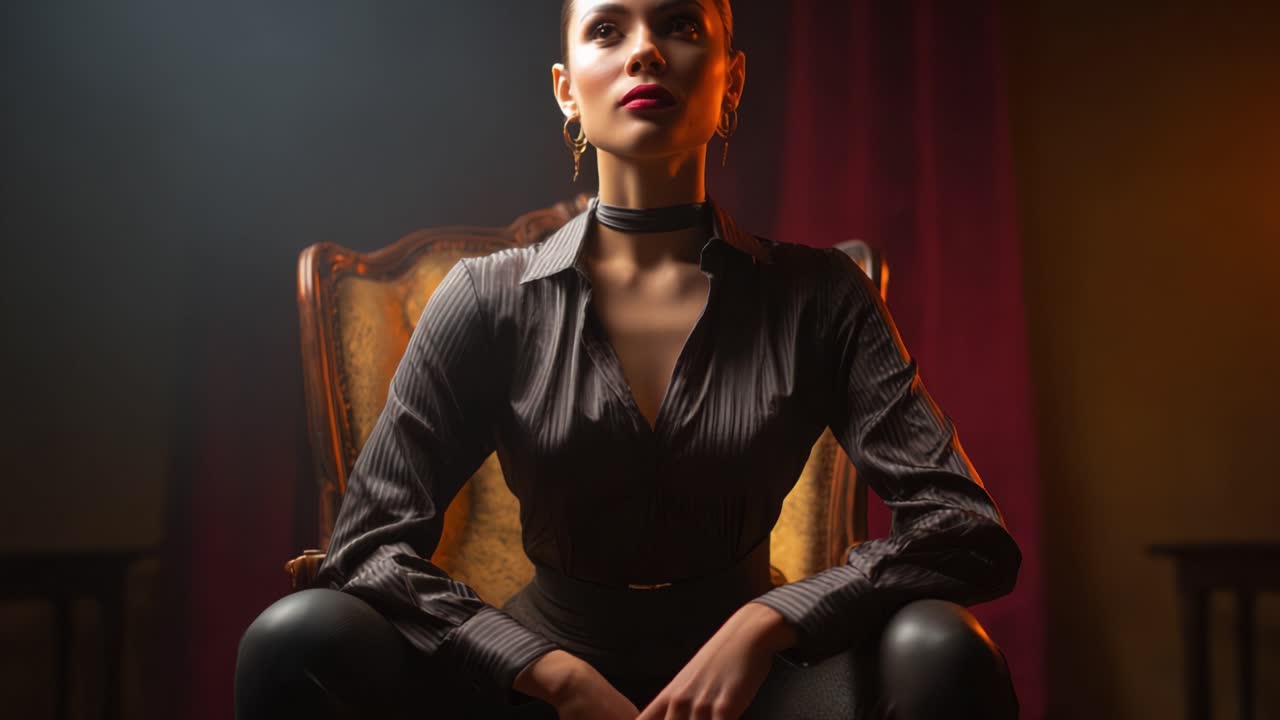 Una donna sicura di sé seduta con grazia su una sedia vintage, illuminata da un'illuminazione drammatica, che emana potere ed eleganza in un contesto di abbigliamento alla moda.