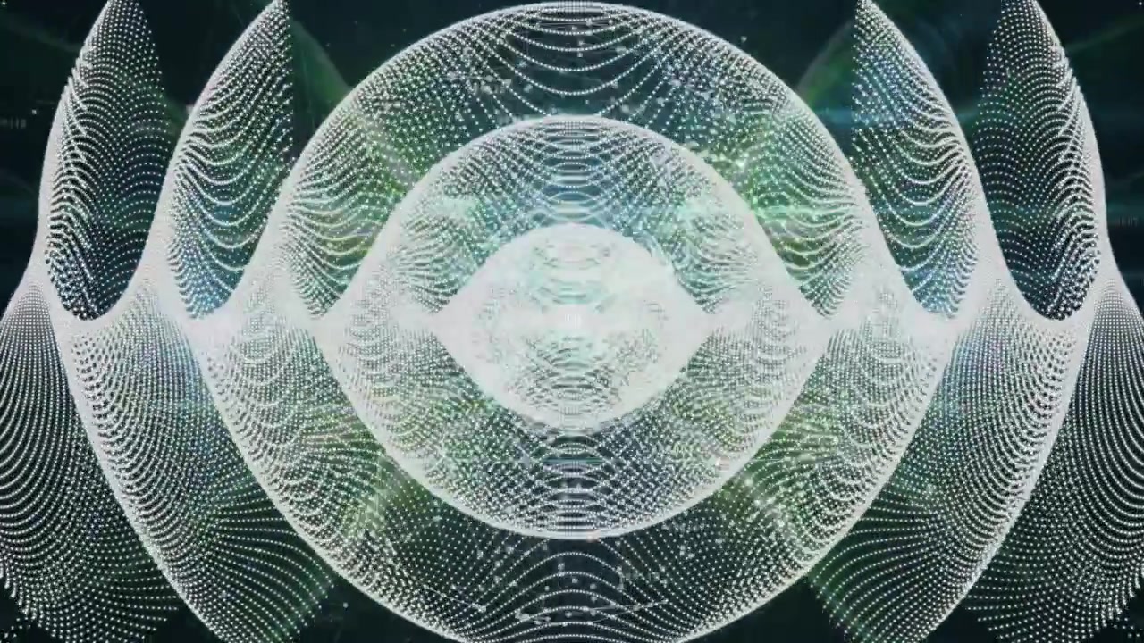 Starting central orb pulsing waveforms undulating and green particles drifting for digital depth
