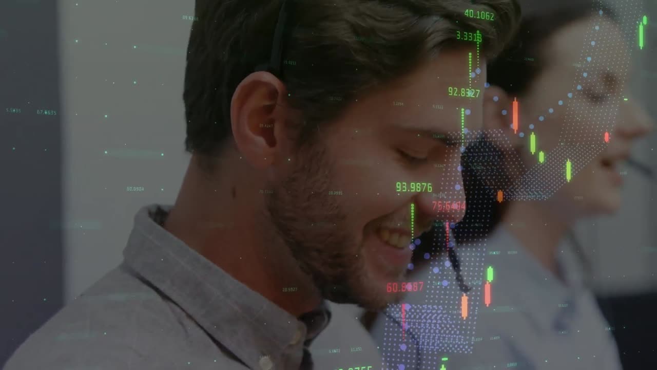 Animation of financial data processing over diverse business people with headsets