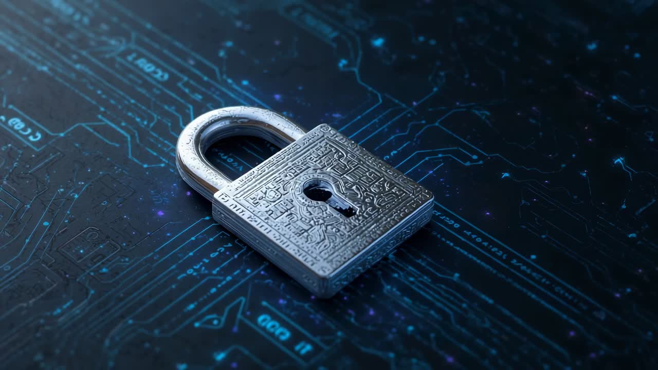 Rotating camera circling metal padlock on circuit board surface, revealing glowing blue traces