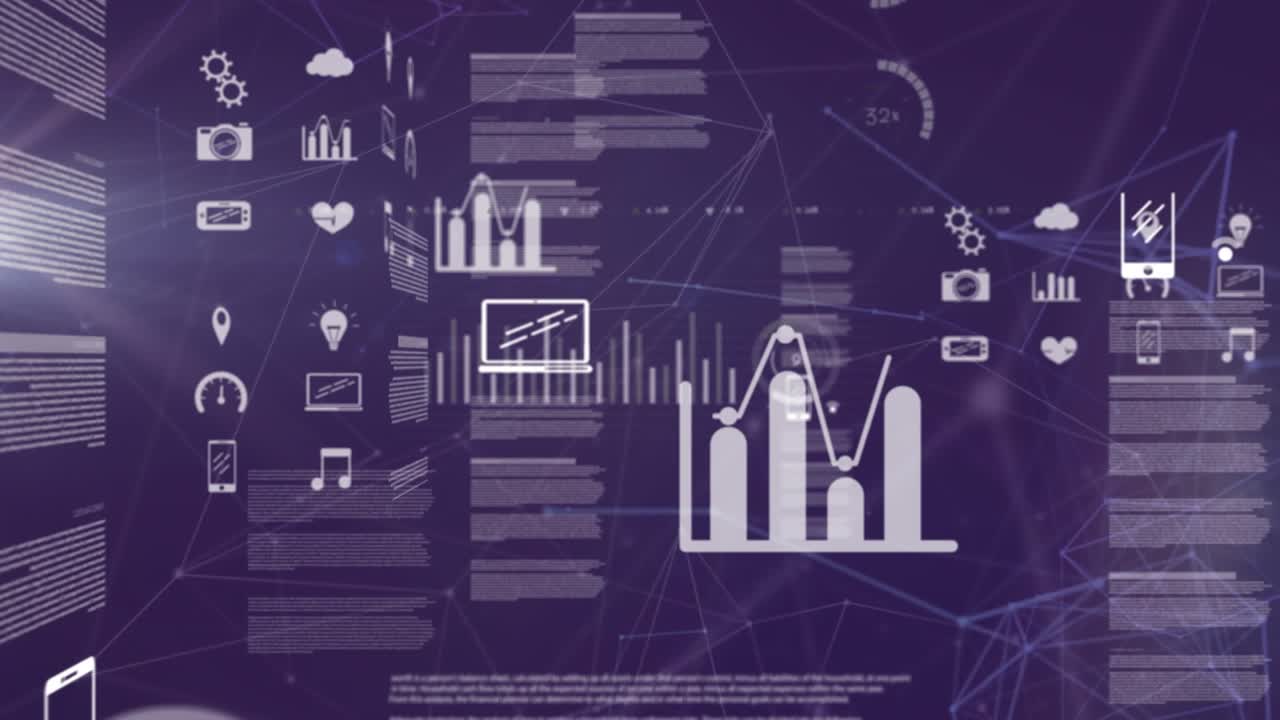 Animation of financial data processing over network of connections on black background