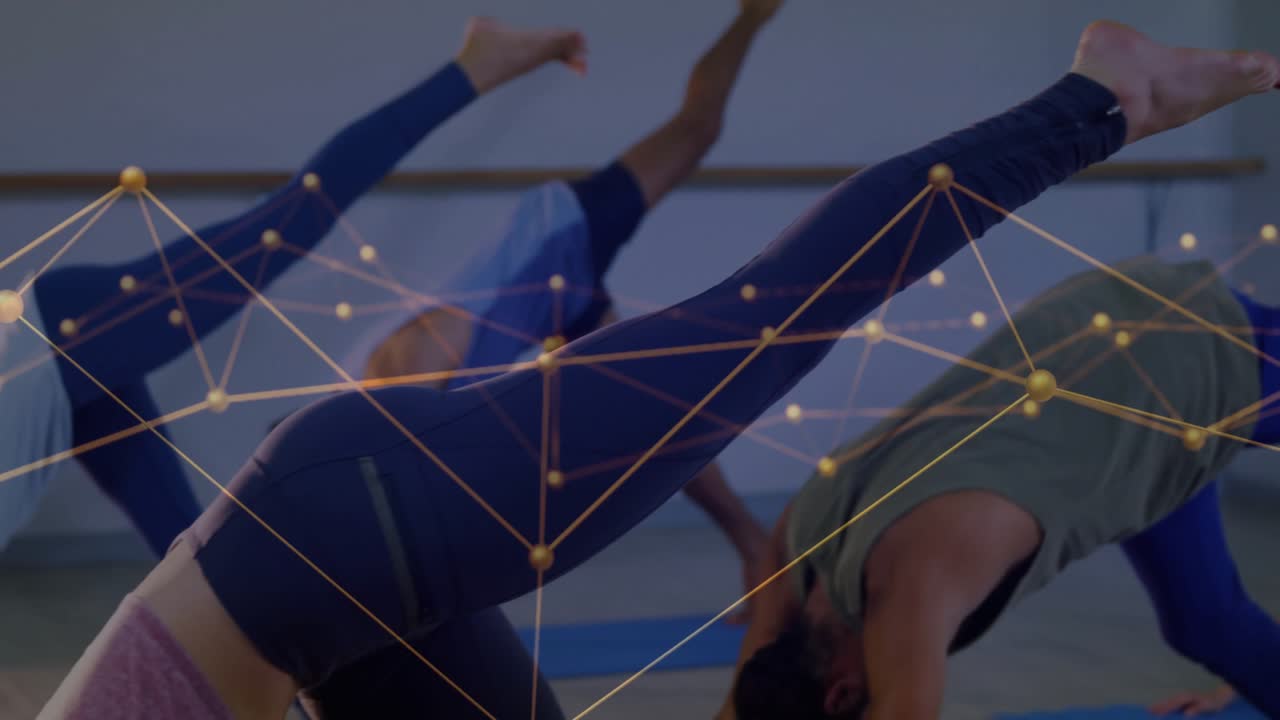 Yoga students on blue mats lifting leg after instructor cue with overlay tracking posture analysis