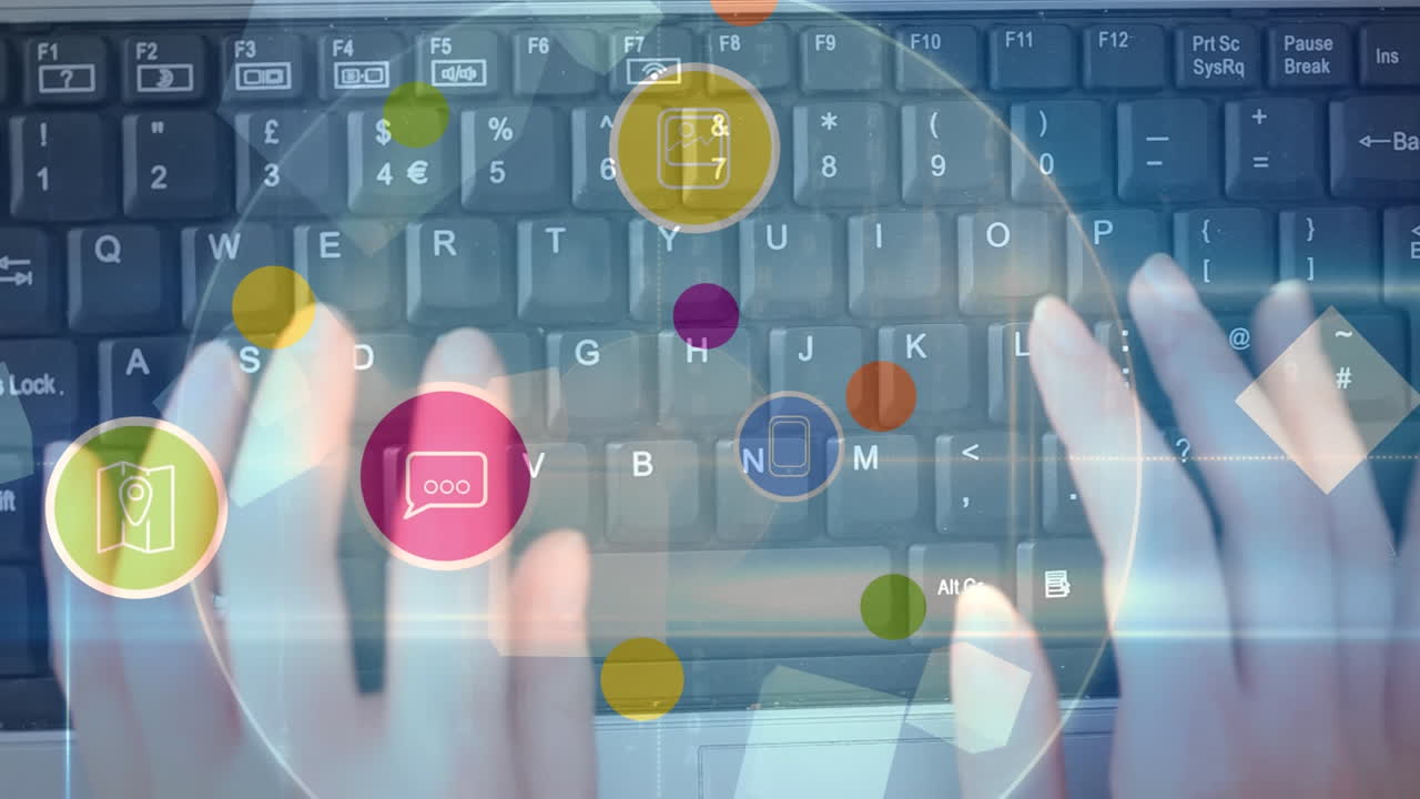 디지털 아이콘과 지구의 애니메이션 여성이 컴퓨터 키보드에 타이핑하는 배경