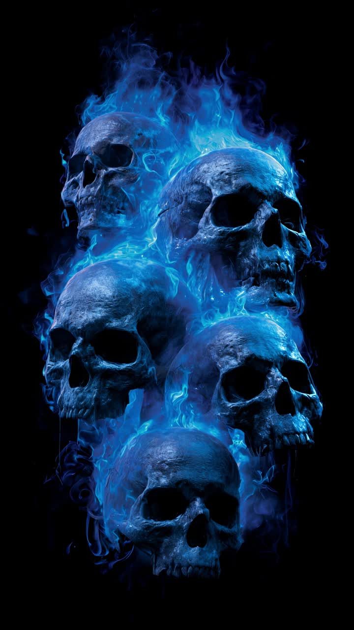 Vivid blue skull group illuminated with fiery flames and energetic particle effects