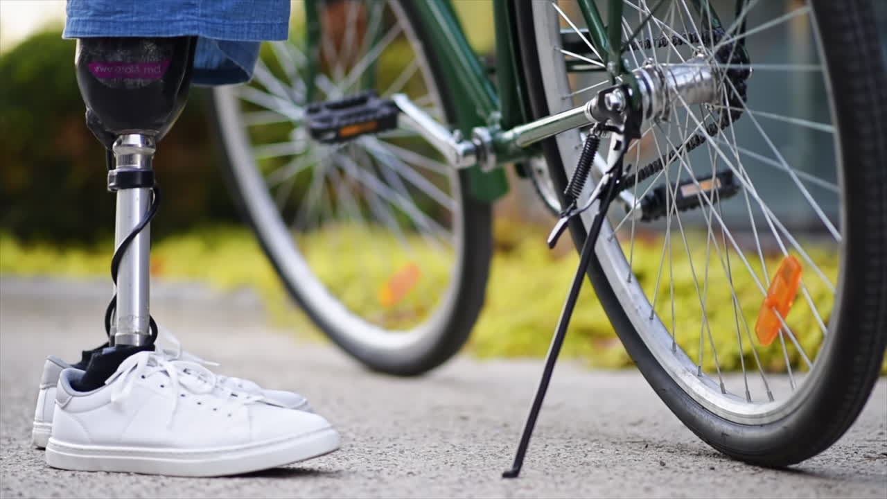 Slow motion view of a man with prosthetic legs. Putting the bike on the kickstand and standing next to it