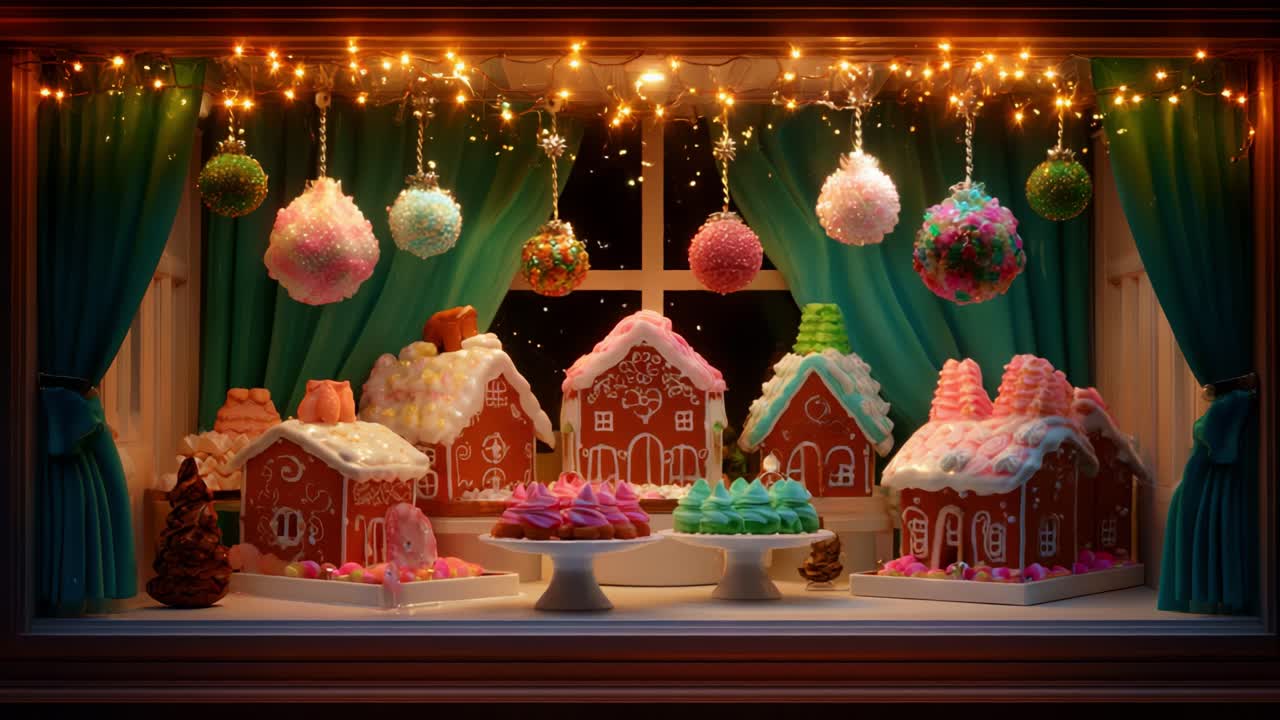 A Delightful Winter Wonderland: A Festive Display of Colorful Gingerbread Houses and Sweet Treats Decorated with Icing, Candies, and Seasonal Lights, Creating a Magical Holiday Atmosphere in a Cozy Window Scene