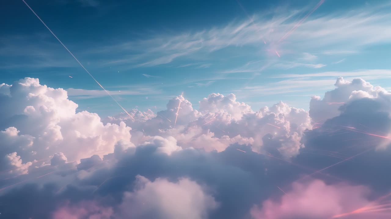 Slender pink light beams emerging, intersecting, and fading above cumulus tops, with glowing flares