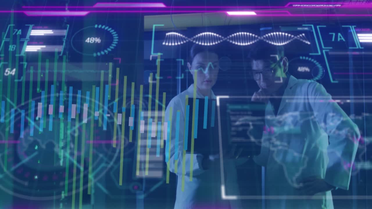 animación del procesamiento de datos sobre diversos trabajadores en la sala del servidor