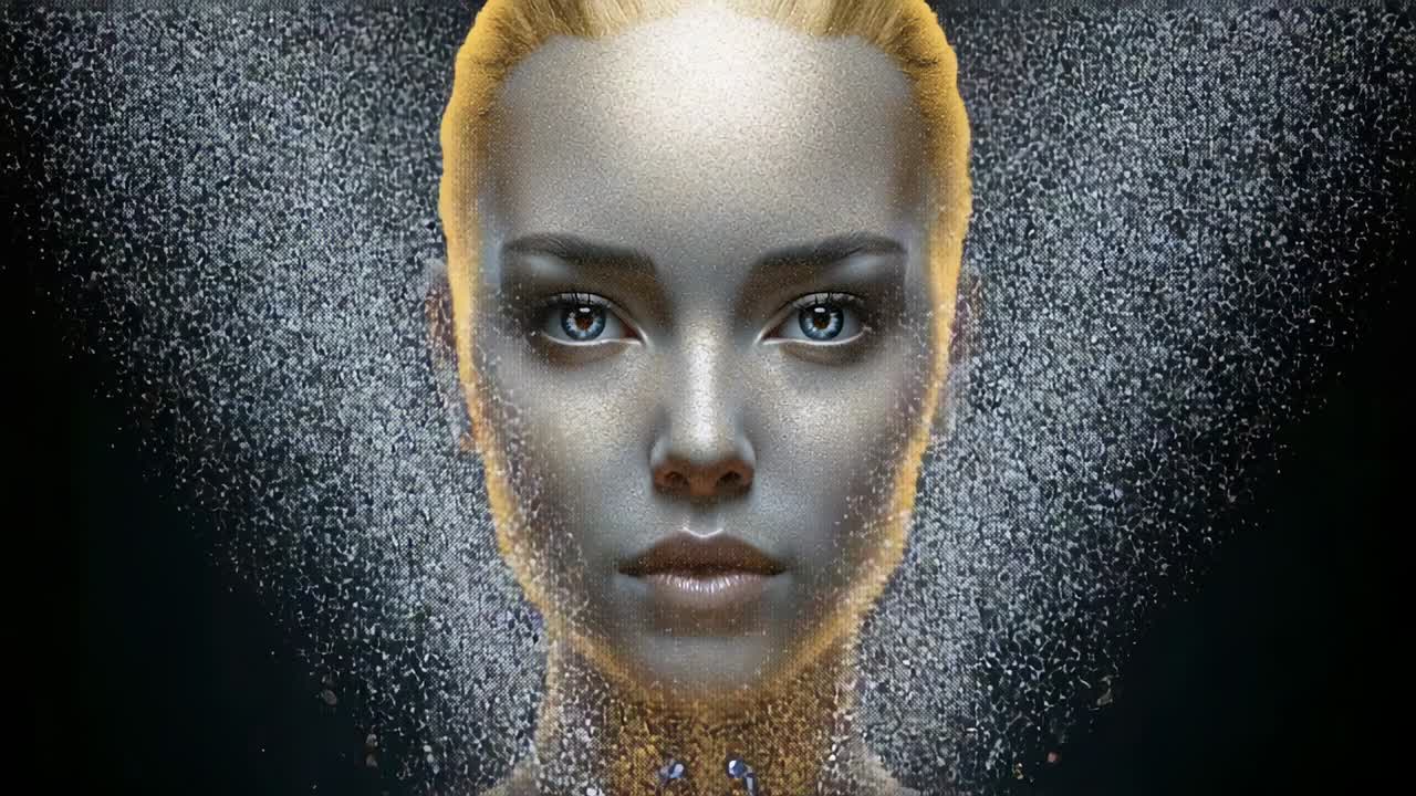 Releasing mist above head, woman holding gaze in studio, particles framing silver-skin dark collar