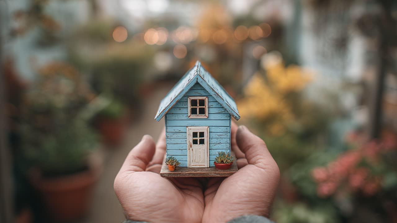 Una delicata casa in miniatura blu tenuta delicatamente tra le mani, con uno sfondo di verde lussureggiante e bokeh illuminato, a simboleggiare casa e comfort