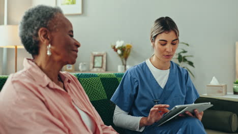 elderly, woman and caregiver with tablet