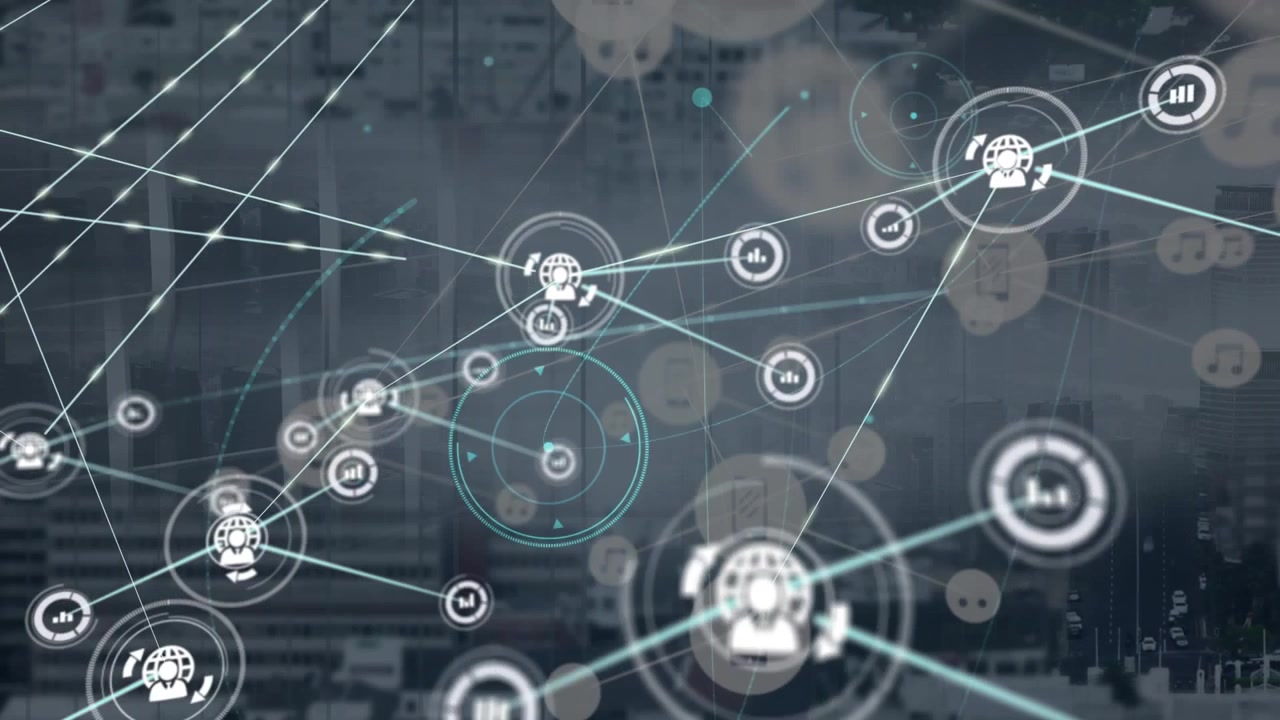 Animation of network of connections with icons over cityscape