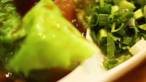 close-up of a chinese soup with dumplings