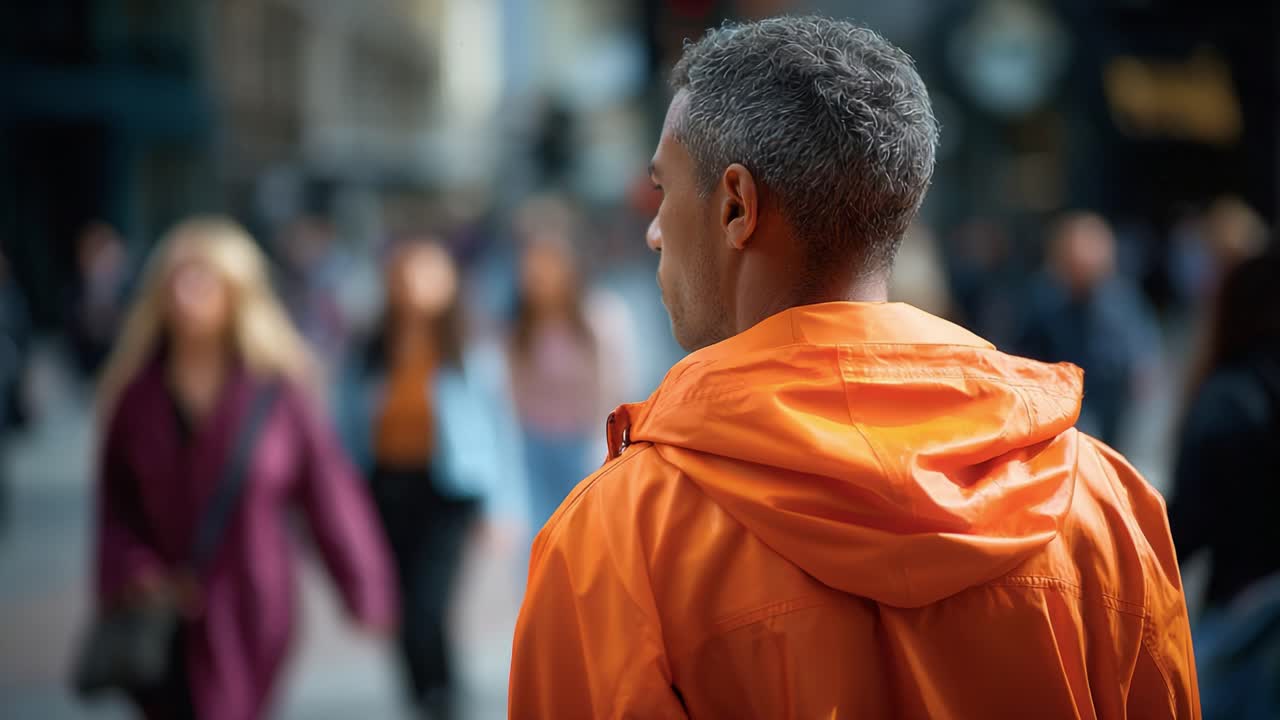 A Solo Figure in an Orange Jacket Amidst a Busy Crowd, Capturing the Essence of Urban Life and Individuality in a Bustling City Environment