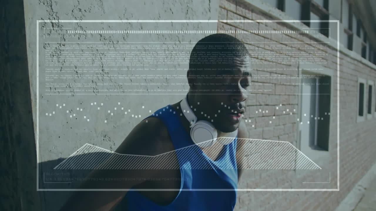 man leaning against concrete wall during urban fitness tech demo, showing digital data overlays