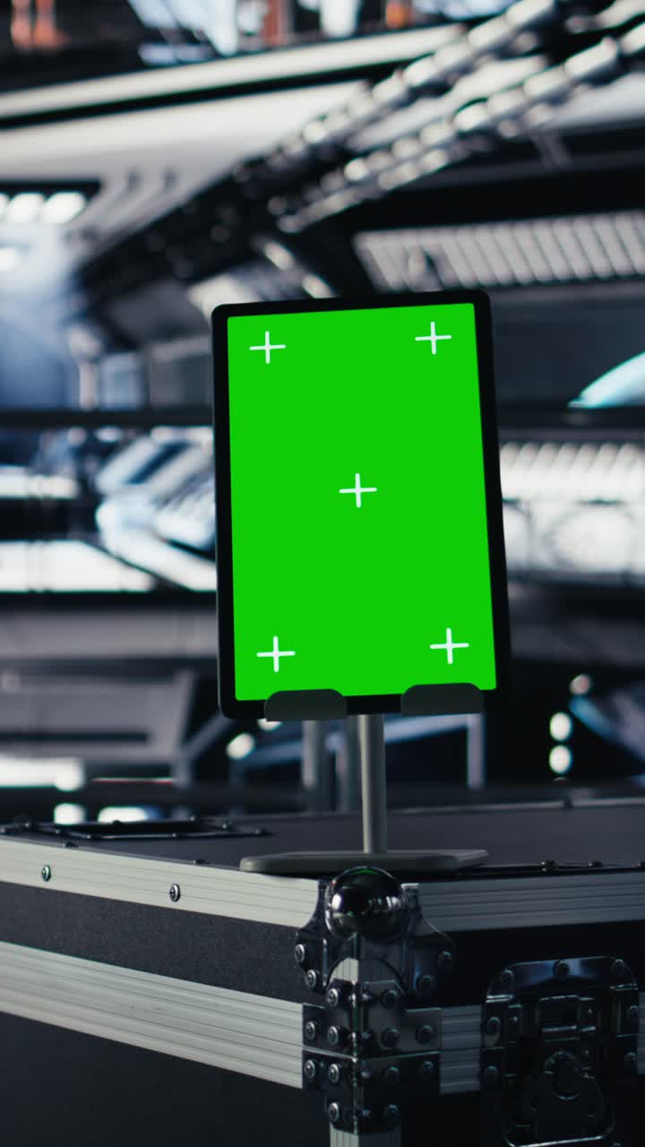 Vertical video Isolated screen tablet in spacecraft next to monitor displaying Mars dashboard