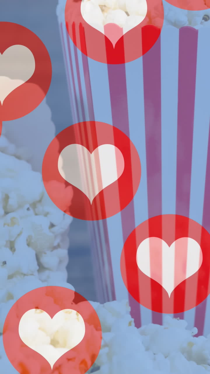 빨간색과  ⁇ 색 줄무 ⁇   ⁇ 에서 팝콘 위를 날아다니는 심장 아이콘의 애니메이션