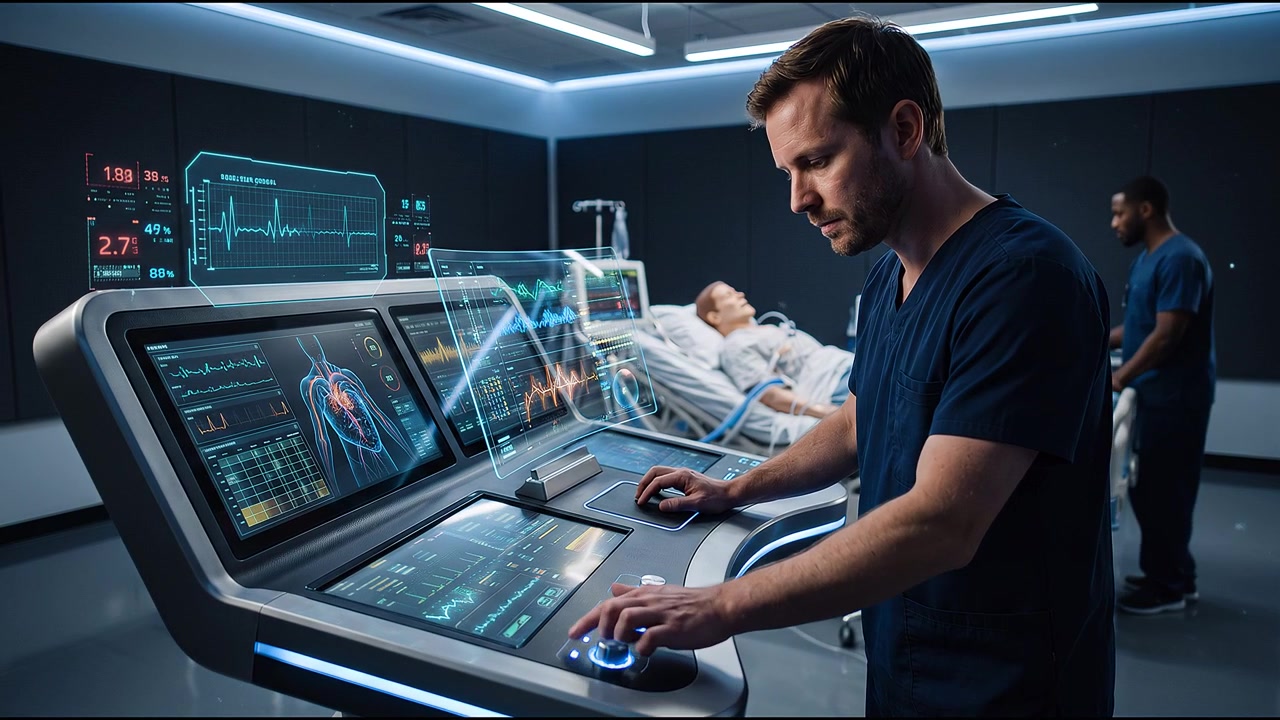 Healthcare specialist operating a digital patient care console beside a hospital bed shown in a clean modern commercial scene