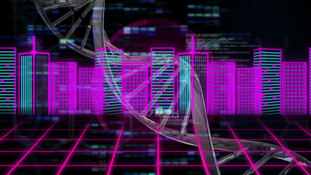 Animation of DNA strand with digital skyscrapers on neon grid background