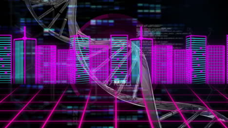 animation of dna strand with digital skyscrapers on neon grid background