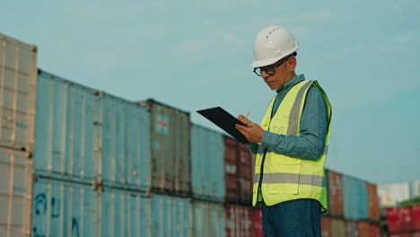 worker inspecting containers at a port