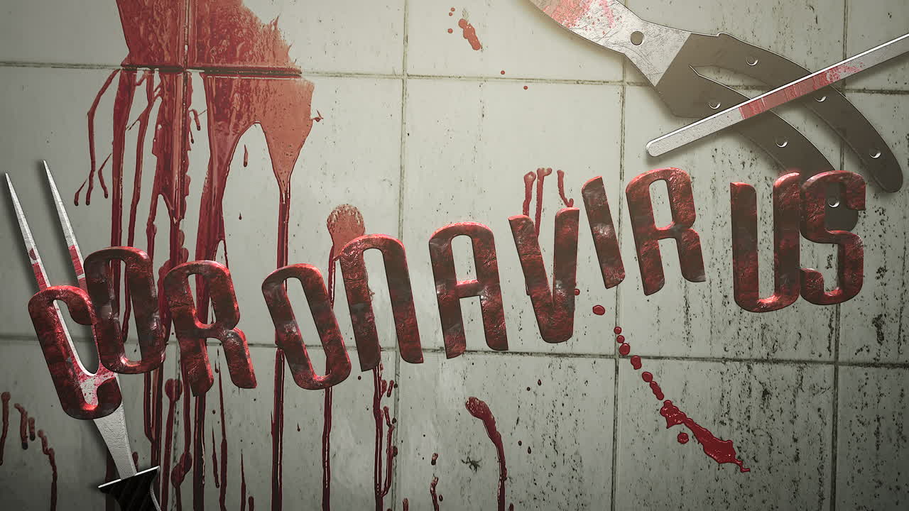 Animated closeup text Coronavirus and mystical horror background with dark blood and medical instruments