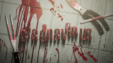 texto de primer plano animado coronavirus y fondo de horror místico con sangre oscura e instrumentos médicos