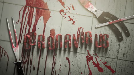 animated closeup text coronavirus and mystical horror background with dark blood and medical instruments