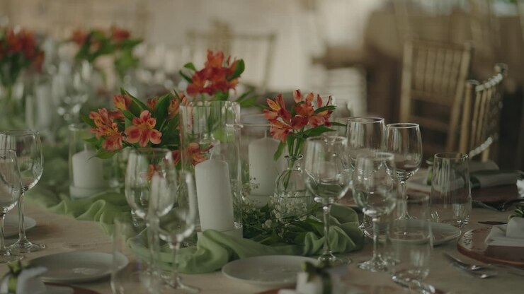 Decorated wedding reception table with flowers candles and glassware