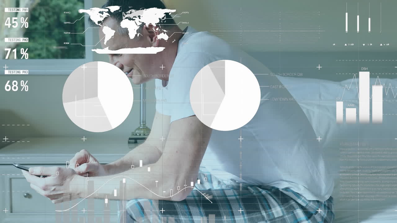 집에서 침대에서 스마트폰을 사용하는 행복한 백인 남성에 대한 통계 데이터 처리 애니메이션