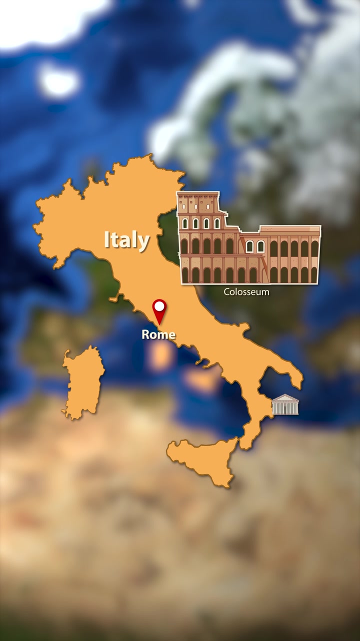 L'animazione digitale si ingrandisce dallo spazio sull'Italia, evidenziando Roma con le icone del Colosseo e del Pantheon.