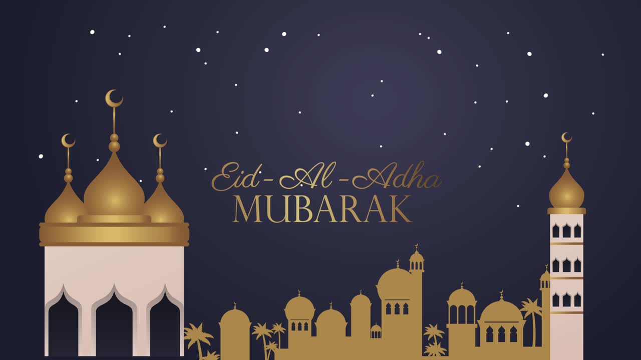 eid aladha lettere d'oro con moschea e città
