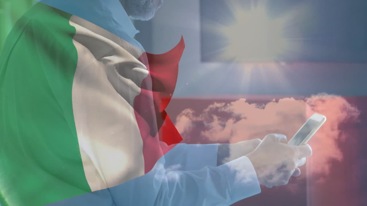 Uso dello smartphone con animazione della bandiera italiana e del cielo sullo sfondo.