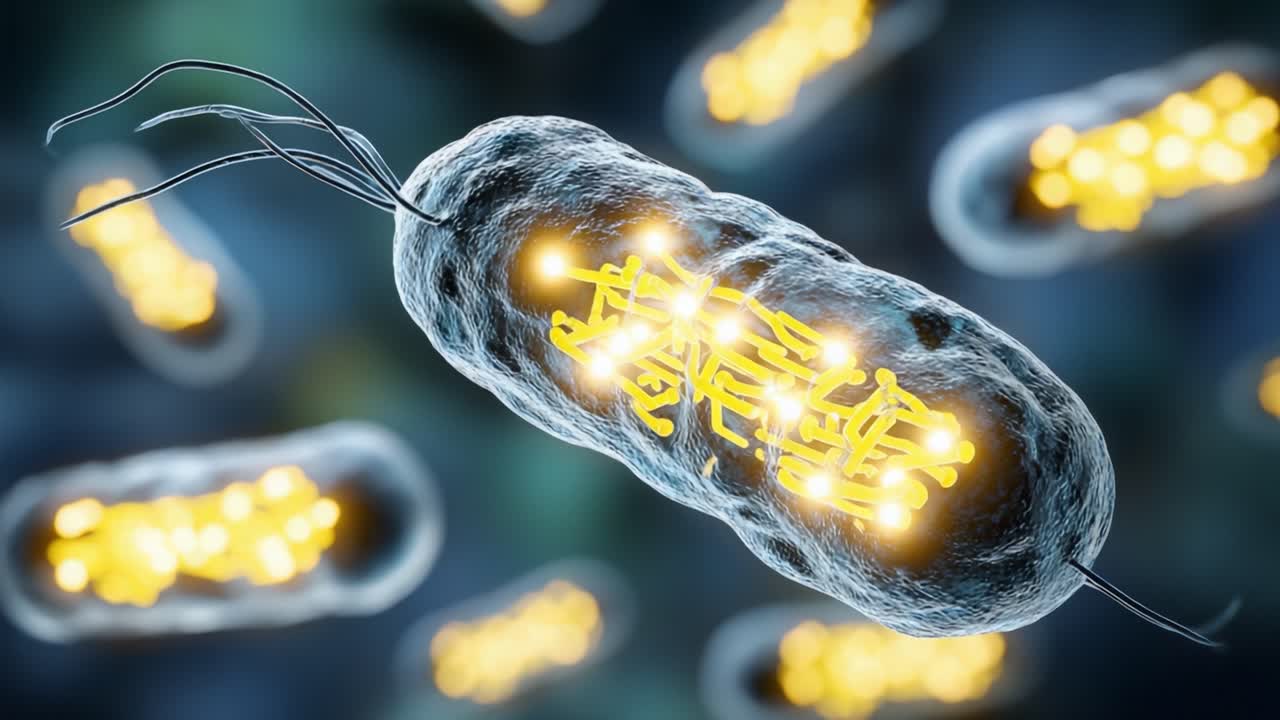 Una visione dettagliata delle strutture batteriche: esplorando le complessità degli organismi cellulari con componenti luminosi e morfologia complessa in questa rappresentazione animata.