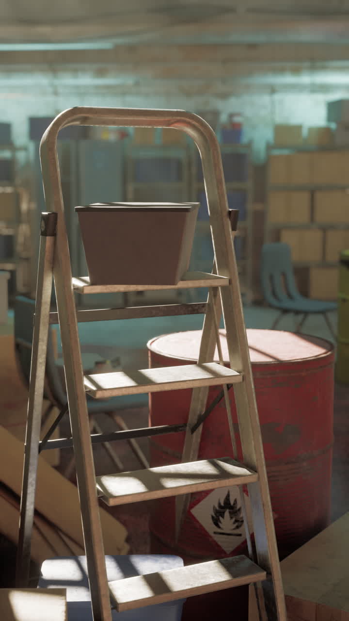 escalera de metal junto a una pila de cajas