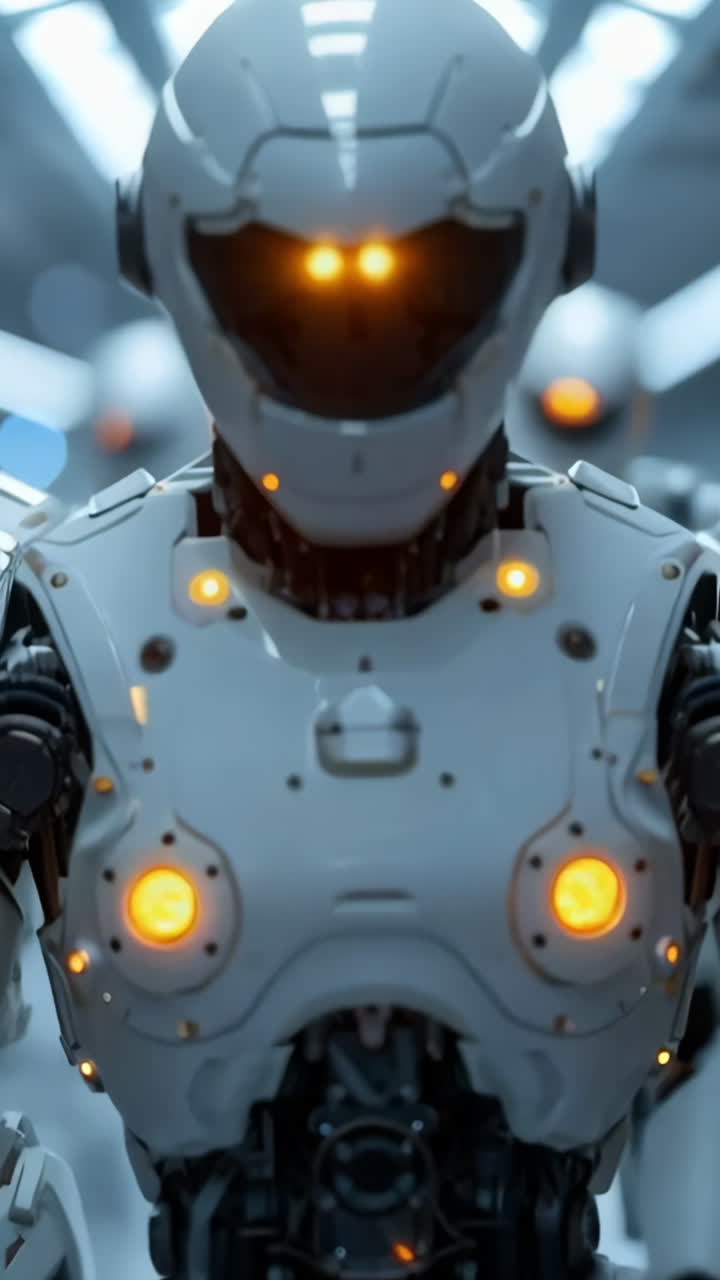 Futuristic Robots in a High-Tech Corridor at Dusk. Three advanced humanoid robots stand ready in a sleek, illuminated corridor. Vertical video