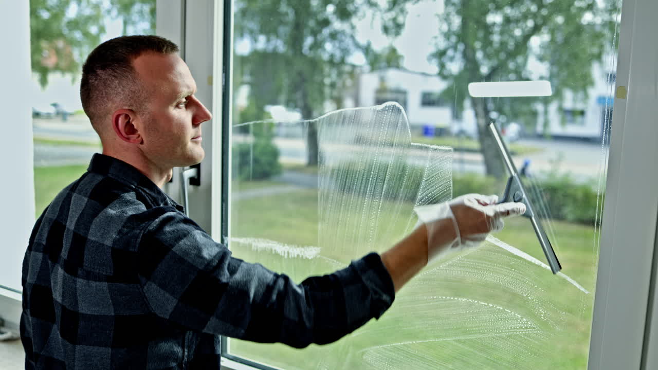 Professionelle Fensterreinigung mit Spezialreiniger. Ein Mann einer Reinigungsfirma reinigt professionell Fenster. Hausreinigung. Reinigungsservice.