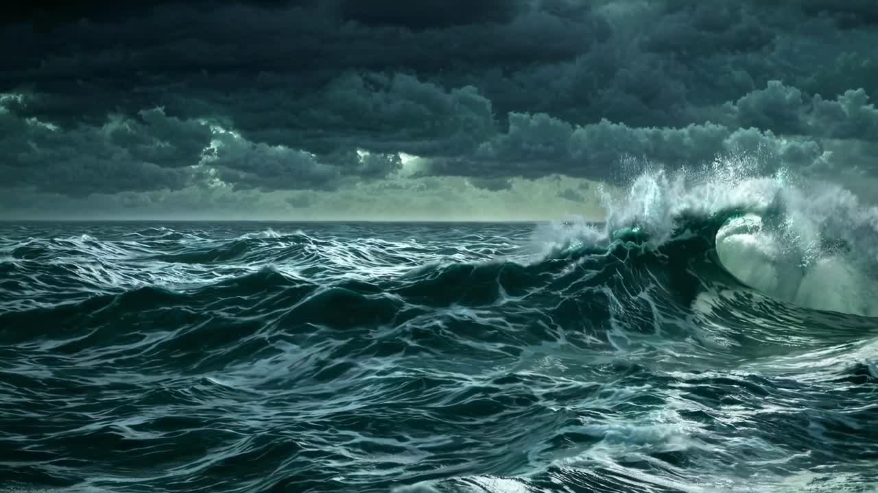 Olas oceánicas espectaculares bajo cielos tormentosos, capturadas desde un ángulo bajo, evocando un estilo de vídeo cinematográfico