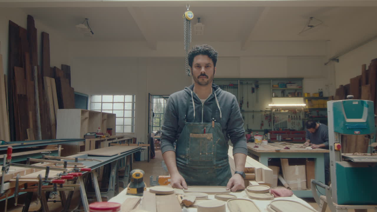 Young Carpenter Posing at Workplace in Woodshop